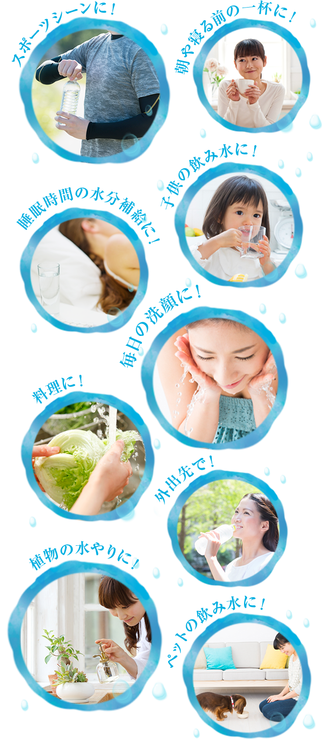 スポーツシーンに！ 朝や寝る前の一杯に！ 子供の飲み水に！ 睡眠時間の水分補給に！ 毎日の洗顔に！ 料理に！ 外出先で！ 植物の水やりに！ ペットの飲み水に！