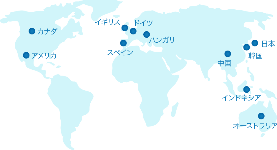 アメリカ　カナダ　イギリス　スペイン　ドイツ　ハンガリー　中国　インドネシア　韓国　日本　オーストラリア