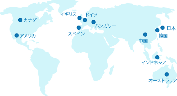 アメリカ　カナダ　イギリス　スペイン　ドイツ　ハンガリー　中国　インドネシア　韓国　日本　オーストラリア
